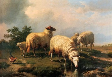 Moutons et un poulet dans un paysage Eugene Verboeckhoven animal Peinture à l'huile